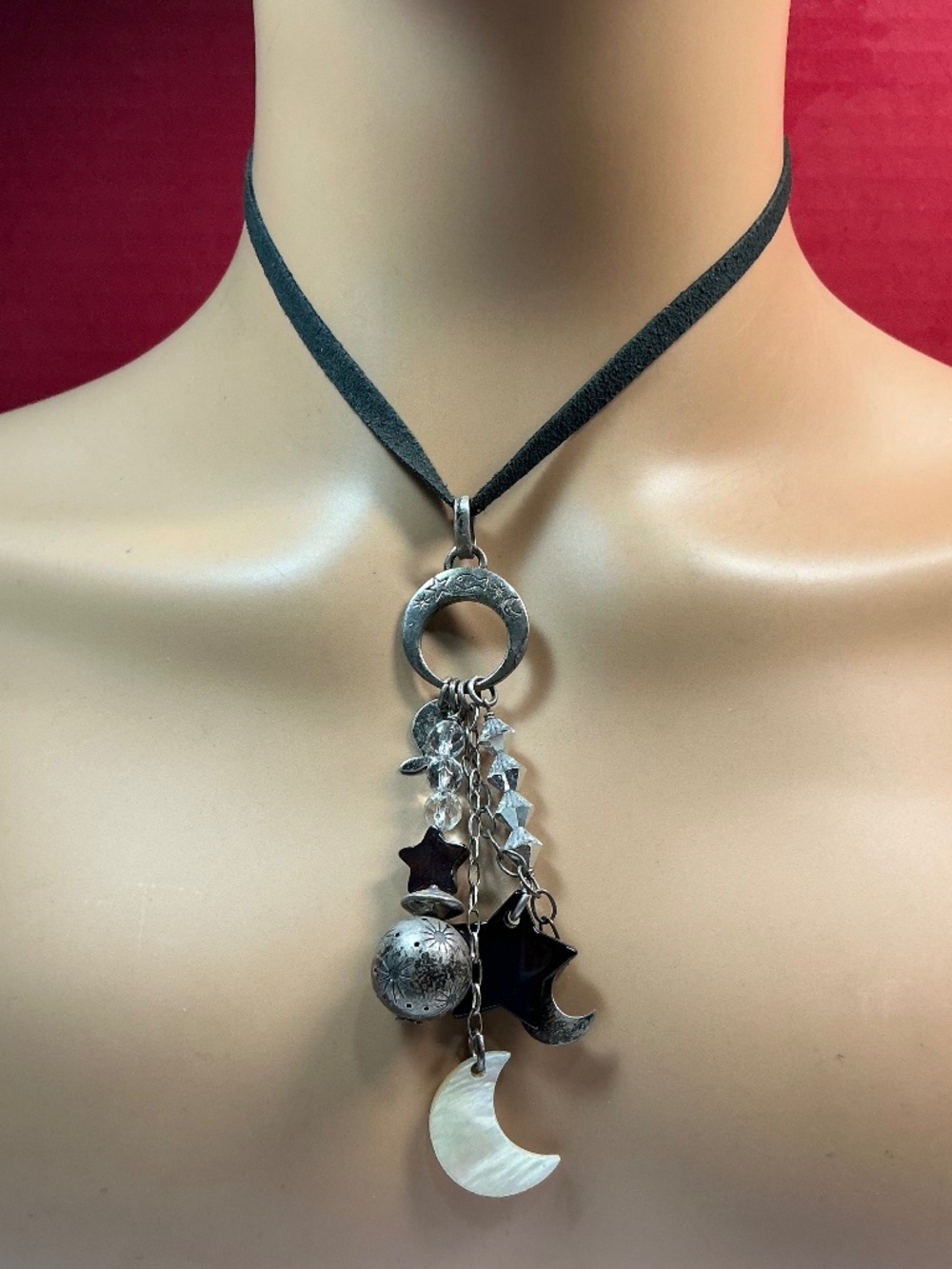 Clio Blue Stars, Moons, Beads. Mixed Metals, Sterling Silver. 20” long